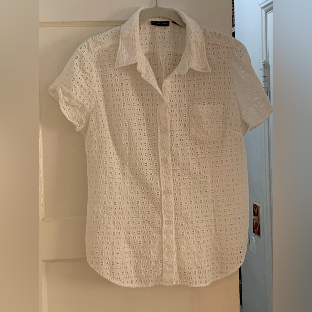New York & Company White Eyelet Button-Front Shirt - Picture 2 of 11